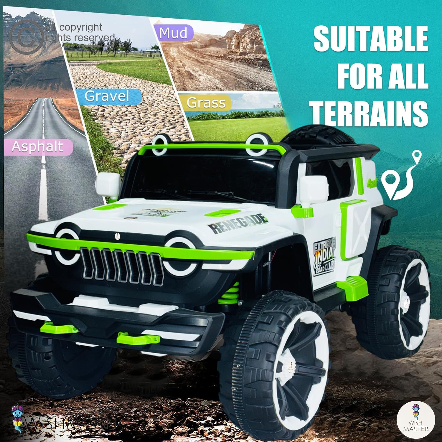 Toy truck with green accents on a background of different terrains